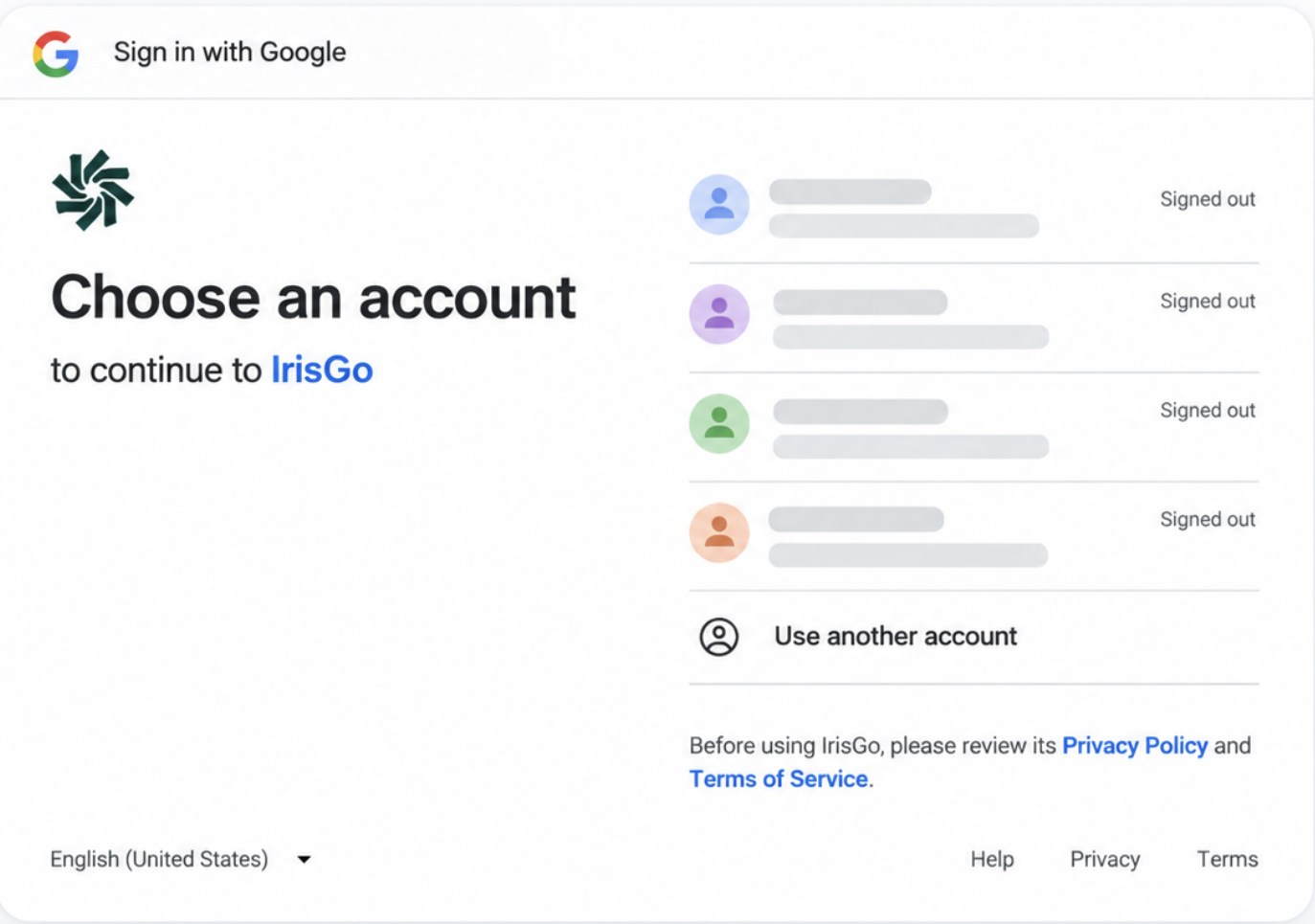 Google sign-in page asking which account to use to continue to IrisGo