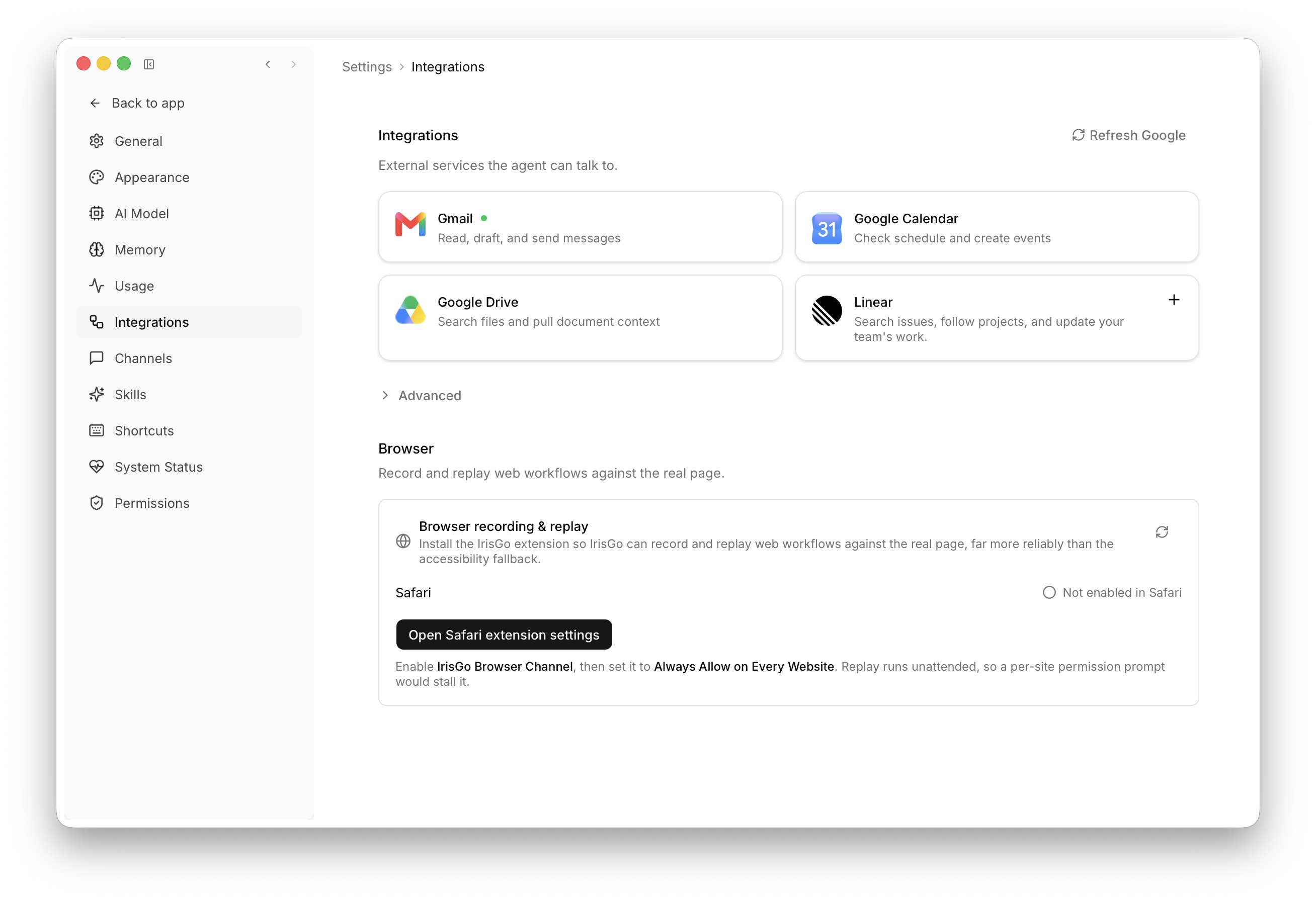 IrisGo Integrations page with a green status indicator next to Gmail