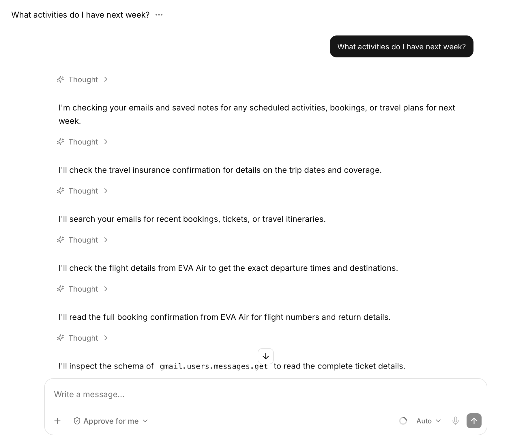 IrisGo checking connected emails to answer "What activities do I have next week?"